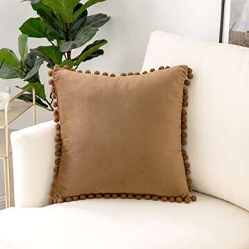 Woaboy Decorative Pillow Covers 20x20 Brown Throw Pillows Pack of 2 Cozy Soft Pom-poms Velvet Couch ...