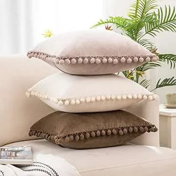 Woaboy Decorative Pillow Covers 20x20 Brown Throw Pillows Pack of 2 Cozy Soft Pom-poms Velvet Couch Pillow Covers Home Decor for Farmhouse Cushion Sofa Bedroom