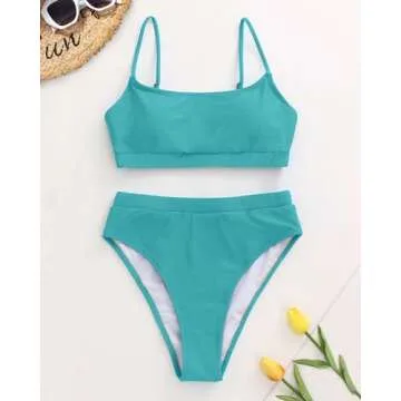 MELYUM Womens High Waisted Swimsuits Bottom Padded Bathing Suits Bikini Sets Top Two Piece Swimwear Haze Blue