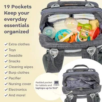 RUVALINO Diaper Bag Backpack, Multifunction Travel Pack Maternity Baby Changing Bags, Large Capacity, Waterproof, Dark Gray