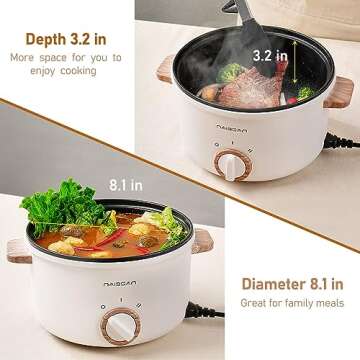 Naibsan Electric Pot with Handle, 2.5L Multifunction Electric Cooker for Shabu-Shabu, Noodles, Pasta, 800W Rapid Non-Stick Frying Pan for Sauté, Portable Ramen Pot for Dorm & Office