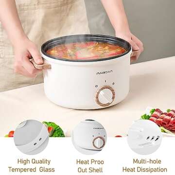 Naibsan Electric Pot with Handle, 2.5L Multifunction Electric Cooker for Shabu-Shabu, Noodles, Pasta, 800W Rapid Non-Stick Frying Pan for Sauté, Portable Ramen Pot for Dorm & Office