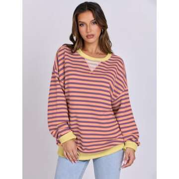 ANRABESS Women Striped Oversized Sweatshirt Long Sleeve Crewneck Shirts 2025 Fall Fashion Pullover Sweater Trendy Clothes Purple Orange X-Large
