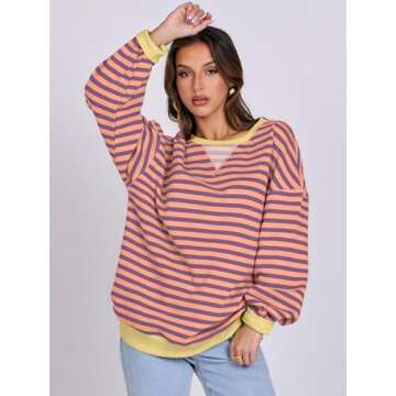 ANRABESS Women Striped Oversized Sweatshirt Long Sleeve Crewneck Shirts 2025 Fall Fashion Pullover Sweater Trendy Clothes Purple Orange X-Large