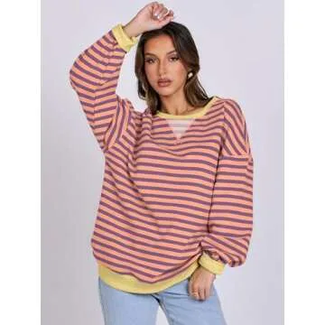 ANRABESS Women Striped Oversized Sweatshirt Long Sleeve Crewneck Shirts 2025 Fall Fashion Pullover Sweater Trendy Clothes Purple Orange X-Large