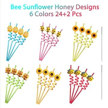 24 Bee Sunflower Honey Drinking Straws for Parties