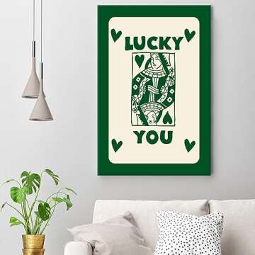 SANYI Vintage Green Queen of Hearts Poker Posters Room Aesthetic Lucky You Playing Card Canvas Wall Art Trendy Preppy Casino Theme Wall Decor for Bedroom Game Room 16x24in Unframed