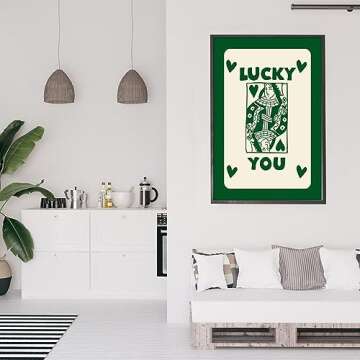 SANYI Vintage Green Queen of Hearts Poker Posters Room Aesthetic Lucky You Playing Card Canvas Wall Art Trendy Preppy Casino Theme Wall Decor for Bedroom Game Room 16x24in Unframed