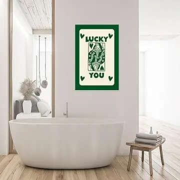 SANYI Vintage Green Queen of Hearts Poker Posters Room Aesthetic Lucky You Playing Card Canvas Wall Art Trendy Preppy Casino Theme Wall Decor for Bedroom Game Room 16x24in Unframed