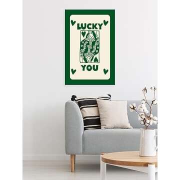 SANYI Vintage Green Queen of Hearts Poker Posters Room Aesthetic Lucky You Playing Card Canvas Wall Art Trendy Preppy Casino Theme Wall Decor for Bedroom Game Room 16x24in Unframed