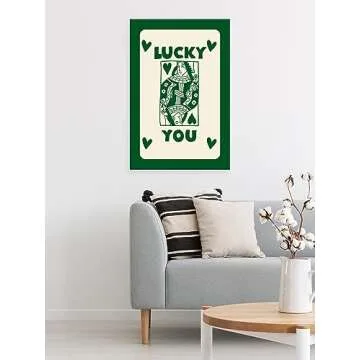 SANYI Vintage Green Queen of Hearts Poker Posters Room Aesthetic Lucky You Playing Card Canvas Wall Art Trendy Preppy Casino Theme Wall Decor for Bedroom Game Room 16x24in Unframed
