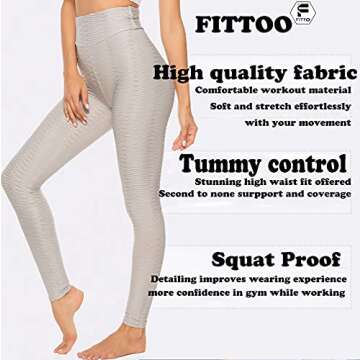 FITTOO Womens High Waist Butt Ruched Leggings Booty Scrunch Textured Yoga Pants Grey L