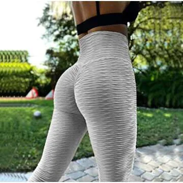 FITTOO Womens High Waist Butt Ruched Leggings Booty Scrunch Textured Yoga Pants Grey L