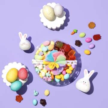 Purple Plum Easter Gift Basket - Candy Filled Easter Baskets- Chocolate, Candy, & Sweets Gift Basket - Includes Easter Eggs, and Easter Bunnies, Candy with Label or Bow