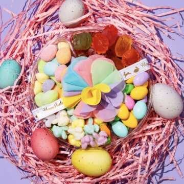 Purple Plum Easter Gift Basket - Candy Filled Easter Baskets- Chocolate, Candy, & Sweets Gift Basket - Includes Easter Eggs, and Easter Bunnies, Candy with Label or Bow