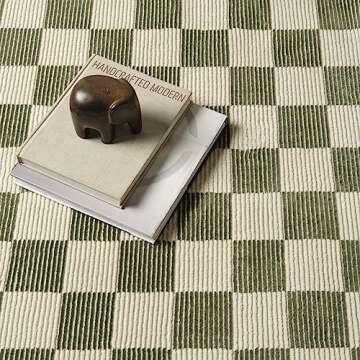 Revival Rugs Gambit 6'7"x9' Checkered Rug Washable Area Rug for Living Room Bedroom - 100% Recycled Oeko-TEX Certified, Medium Pile, Green, Beige