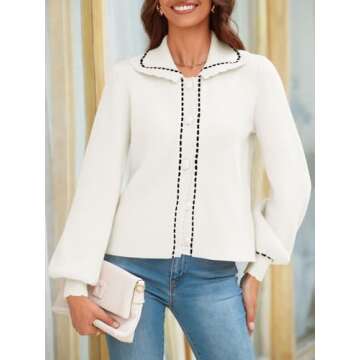 Saodimallsu Womens Puff Sleeve Cardigans 2024 Fall Babydoll Collared Button Loose Ribbed Knit Color Block Sweater Coats White