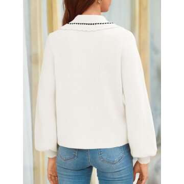 Saodimallsu Womens Puff Sleeve Cardigans 2024 Fall Babydoll Collared Button Loose Ribbed Knit Color Block Sweater Coats White