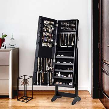 CHARMAID Jewelry Cabinet Armoire with Full-Length Mirror - Lockable Organizer with Large Storage Cap...