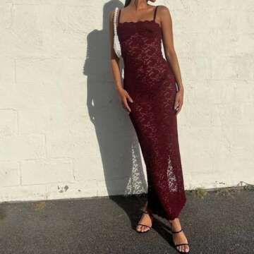 Fuimsul Women Sexy Spaghetti Strap Sheer Mesh Lace Long Dress Summer Hollow Square Neck Backless Tight Solid Tank Dress