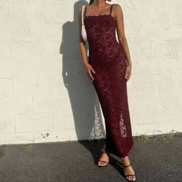 Fuimsul Women Sexy Spaghetti Strap Sheer Mesh Lace Long Dress Summer Hollow Square Neck Backless Tight Solid Tank Dress