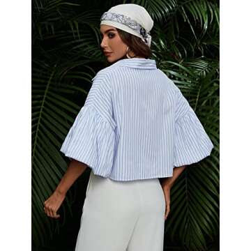 Floerns Women's Striped Print Lantern Sleeve Button Front Shirt Blouse Top Blue White Multi S