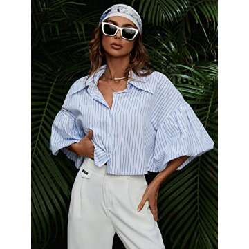 Floerns Women's Striped Print Lantern Sleeve Button Front Shirt Blouse Top Blue White Multi S