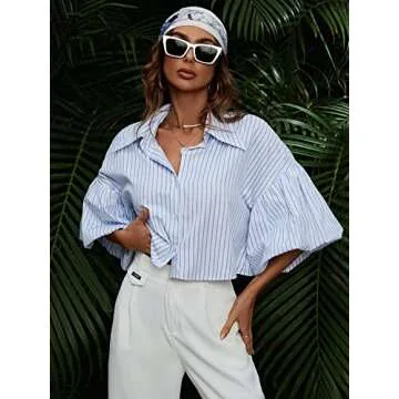 Floerns Women's Striped Print Lantern Sleeve Button Front Shirt Blouse Top Blue White Multi S