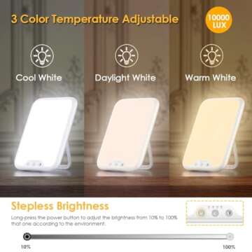 Light Therapy Lamp, 10000 Lux LED Therapy Light with 3 Color Temperature & Stepless Brightness & Sma...