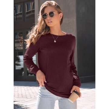 AUTOMET Women's Long Sleeve Shirts Casual Loose Fit Tees Solid Color Oversized Basic Tops Business Casual Outfits WineRed XL