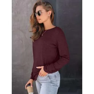 AUTOMET Women's Long Sleeve Shirts Casual Loose Fit Tees Solid Color Oversized Basic Tops Business Casual Outfits WineRed XL