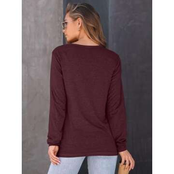 AUTOMET Women's Long Sleeve Shirts Casual Loose Fit Tees Solid Color Oversized Basic Tops Business Casual Outfits WineRed XL