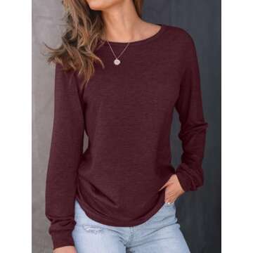 AUTOMET Women's Long Sleeve Shirts Casual Loose Fit Tees Solid Color Oversized Basic Tops Business Casual Outfits WineRed XL