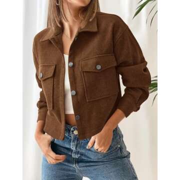 CFLONGE Women's Casual Jacket Coats Button Down Corduroy Cropped Shacket Plaid Long Sleeve Flannels ...