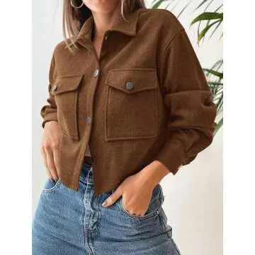 CFLONGE Women's Casual Jacket Coats Button Down Corduroy Cropped Shacket Plaid Long Sleeve Flannels Shirts for Women Jackets(Brown,X-Large)