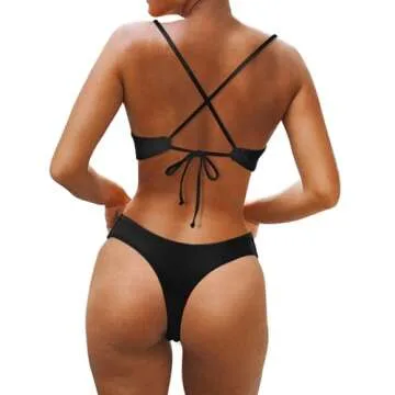 SUUKSESS Women Sexy High Waisted Thong Bikini Sets Reversible String Two Piece Swimsuits Push Up Bathing Suit(Black White,S)