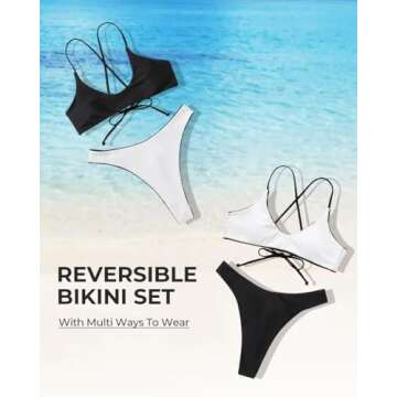 SUUKSESS Women Sexy High Waisted Thong Bikini Sets Reversible String Two Piece Swimsuits Push Up Bathing Suit(Black White,S)