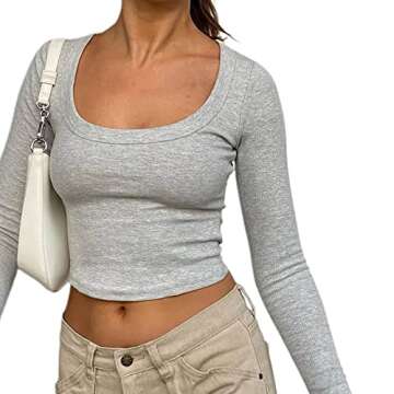 Women Square Neck Long Sleeve Crop Top Basic Rib Knit Crop Top Slim Fit Solid Blouse Top Streetwear (A Grey,Small)