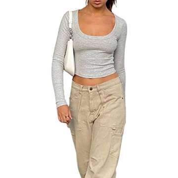 Women Square Neck Long Sleeve Crop Top Basic Rib Knit Crop Top Slim Fit Solid Blouse Top Streetwear (A Grey,Small)