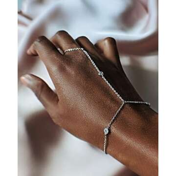 Faire de la Mode Triple Solitaire Diamond Silver Bracelet Ring Hand Chain for 4-9 Ring Sizes – Non-Tarnish Rhodium-Plated Hand Chain Bracelet for Women – 6" to 8" Adjustable Length