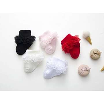 EPEIUS 5 Pairs Baby-Girls Eyelet Turn Cuff Ruffle Frilly Lace Socks Newborn Triple Lace Dressy Socks Gift Box White/Cream/Baby Pink/Black/Red 0-6 Months