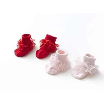 EPEIUS 5 Pairs Baby-Girls Eyelet Turn Cuff Ruffle Frilly Lace Socks Newborn Triple Lace Dressy Socks Gift Box White/Cream/Baby Pink/Black/Red 0-6 Months