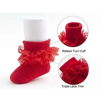 EPEIUS 5 Pairs Baby-Girls Eyelet Turn Cuff Ruffle Frilly Lace Socks Newborn Triple Lace Dressy Socks Gift Box White/Cream/Baby Pink/Black/Red 0-6 Months