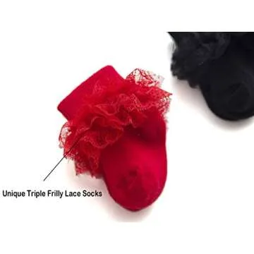 EPEIUS 5 Pairs Baby-Girls Eyelet Turn Cuff Ruffle Frilly Lace Socks Newborn Triple Lace Dressy Socks Gift Box White/Cream/Baby Pink/Black/Red 0-6 Months
