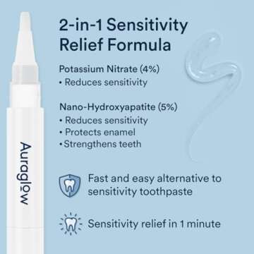 Auraglow Sensitivity Relief Serum Gel, Brush on Teeth to Reduce Sensitivity, Potassium Nitrate and Nano Hydroxyapatite, Remineralization Gel, Strengthens Teeth & Protects Enamel, 40+ Treatments, 4ml