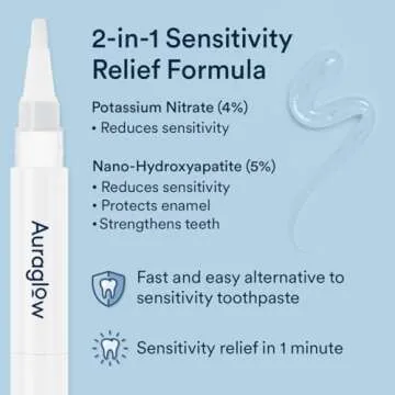 Auraglow Sensitivity Relief Serum Gel, Brush on Teeth to Reduce Sensitivity, Potassium Nitrate and Nano Hydroxyapatite, Remineralization Gel, Strengthens Teeth & Protects Enamel, 40+ Treatments, 4ml
