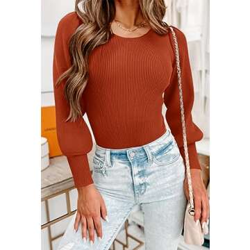 MASCOMODA Long Puff Sleeve Sweaters for Women 2024 Fall Winter Crewneck Knit Ribbed Bodysuit Pullove...