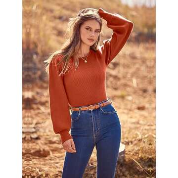 MASCOMODA Long Puff Sleeve Sweaters for Women 2024 Fall Winter Crewneck Knit Ribbed Bodysuit Pullover Tops (Rust Red, Medium)