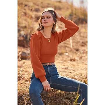 MASCOMODA Long Puff Sleeve Sweaters for Women 2024 Fall Winter Crewneck Knit Ribbed Bodysuit Pullover Tops (Rust Red, Medium)