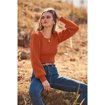 MASCOMODA Long Puff Sleeve Sweaters for Women 2024 Fall Winter Crewneck Knit Ribbed Bodysuit Pullover Tops (Rust Red, Medium)